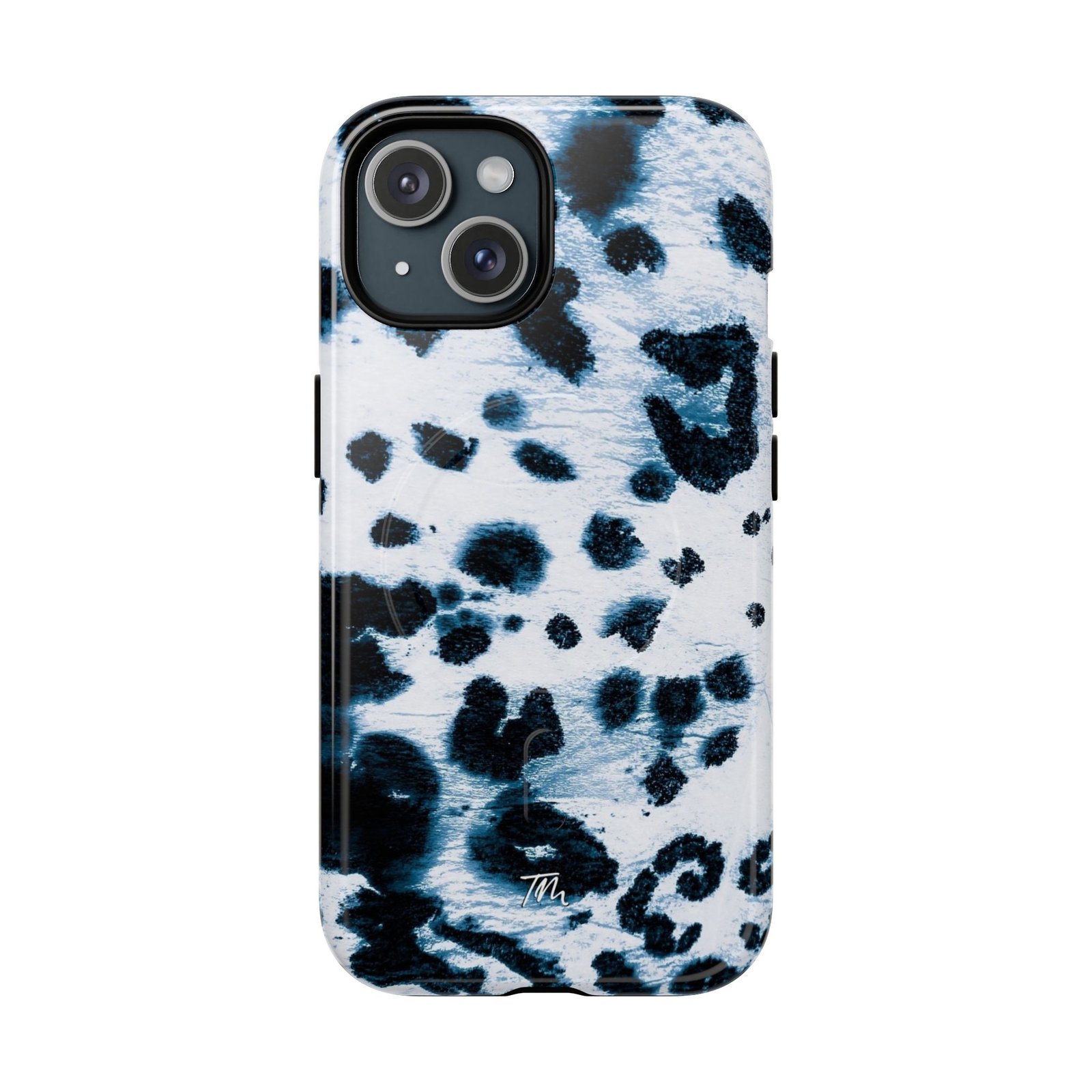 MagSafe® Compatible Stylish Blue and White Pattern Tough Case, Chic Leopard Print Phone Cover, Durable Phone Protection