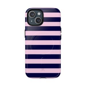 MagSafe® Compatible Stylish Phone Case with Pink and Navy Stripes, Trendy Tough Cases for iPhone and Samsung, Cute Phone Cover, Phone Accessory