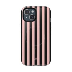 MagSafe® Compatible Stylish Striped Phone Case for Tough Protection, Cute Phone Cover, Black and Pink Stripes, Durable Smartphone Case