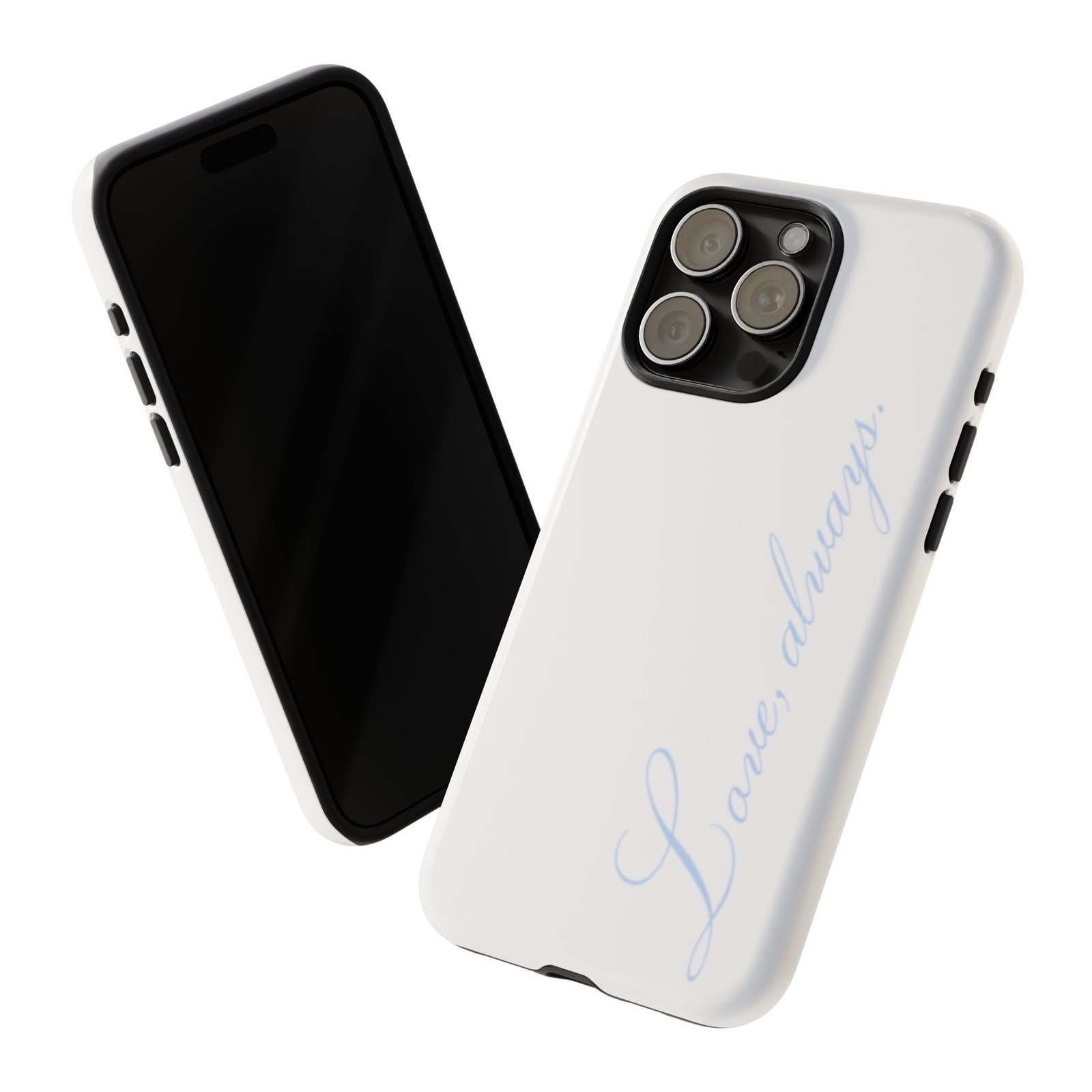 “Love, Always.” White and Blue Protective Phone Case, Romantic iPhone Cover, Minimalistic Matching Case - Image 3