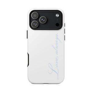 “Love, Always.” White and Blue Protective Phone Case, Romantic iPhone Cover, Minimalistic Matching Case